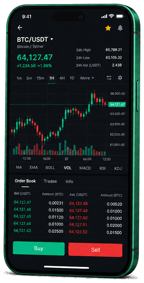 Mobiele interface van Gent Beursveks handelsplatform — live BTC/USDT koersgrafiek, orderboek en koop/verkoop functies